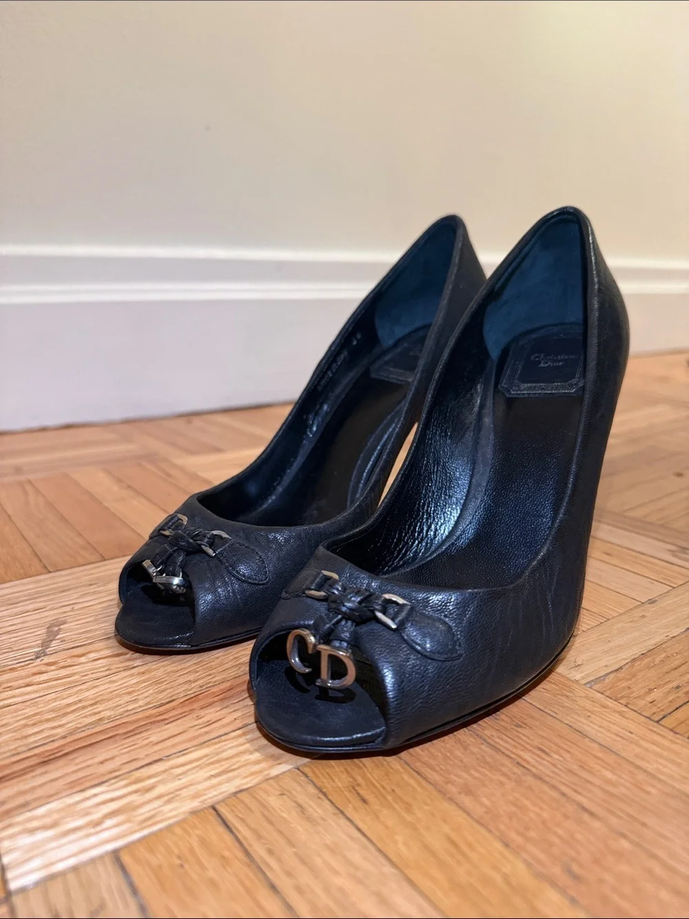 Dior Black Leather Peep-Toe Pumps with CD Hardware